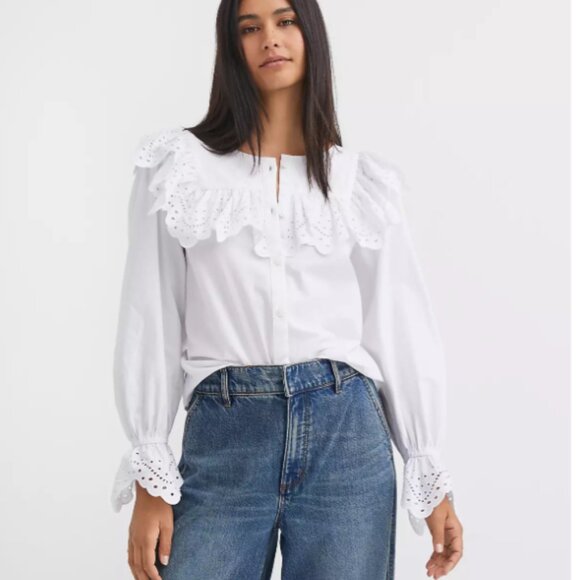 LOFT Tops - LOFT White Eyelet Broderie Ruffle Blouse Size XS
